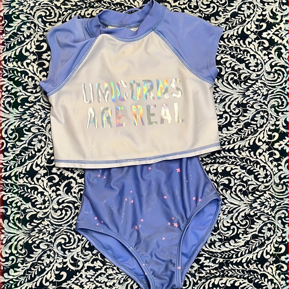 SOLD.      Cat & Jack 2 piece swimsuit, XS 4-5 light blue and white